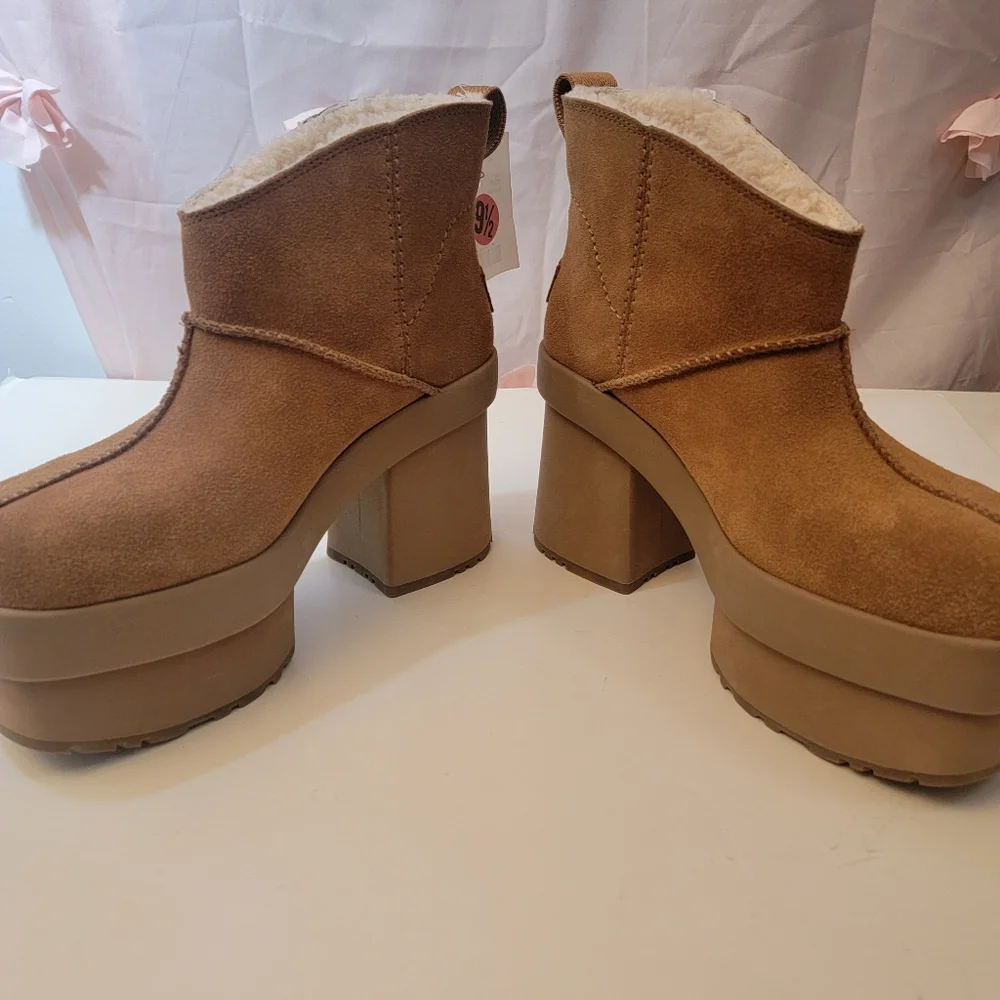 Nwt UGG New Heights Platform Mini Boots Chestnut Suede Womens 9.5 Authentic - Picture 4 of 14